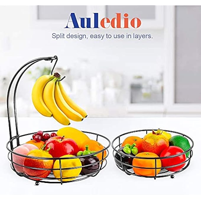Auledio FRUIT BASKET FOR KITCHEN COUNTER, IRON 2-TIER COUNTERTOP FRUIT VEGETABLES BASKET BOWL STORAGE WITH BANANA HANGER, BLACK - Image 3